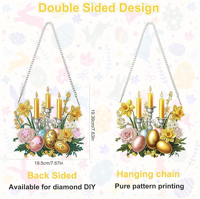 Easter Diamond Art Hanging Ornaments Kits for Adults, Candle Diamond Painting Pendant Kits, DIY Acrylic 5D Special Shaped Crystal Gem Art Painting Ornament for Home Wall Easter Decor Gift 8x8 Inch
