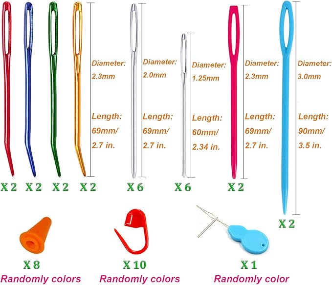 Y-Axis 24 Pcs Assorted Yarn Needles Bent Tapestry Needle Weaving Needle Darning Needles with Storage Box + Knitting Stitch Counter + Needle Threader