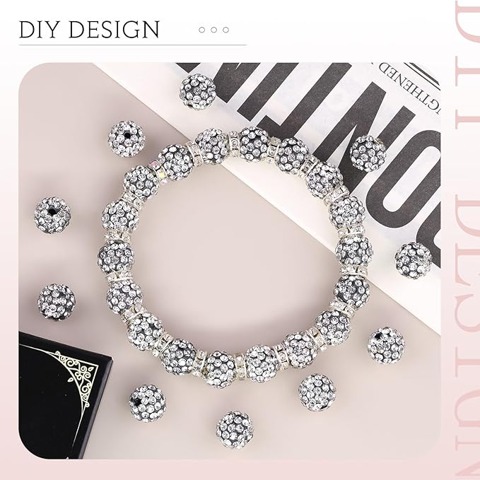 200 pcs black white rhinestone beads for jewelry making, sparkle crystal clay christmas for bracelet baseball necklace earring crafting and diy, shiny round shamballa disco ball beads bulk