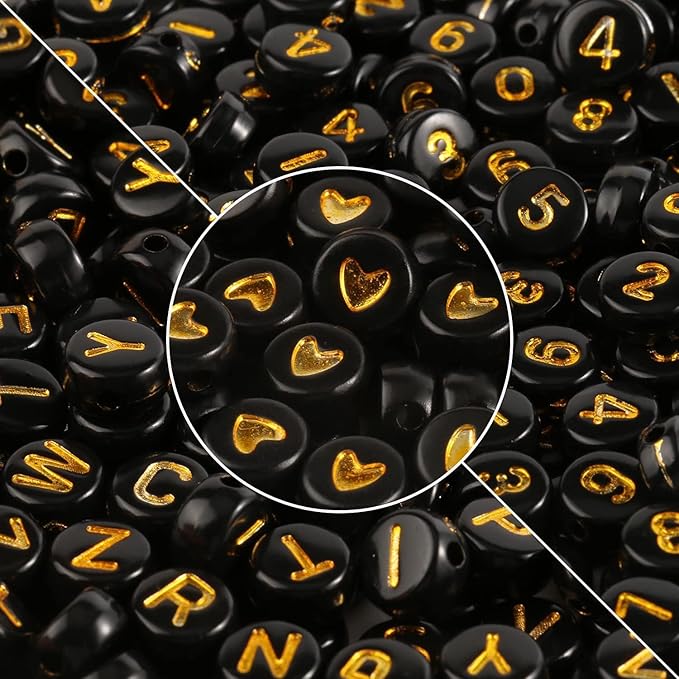 Yochus 1000pcs Black Mixed Round Acrylic Beads 4x7mm Gold Alphabet Number Heart Shape Bead for Jewelry Making and DIY Bracelets