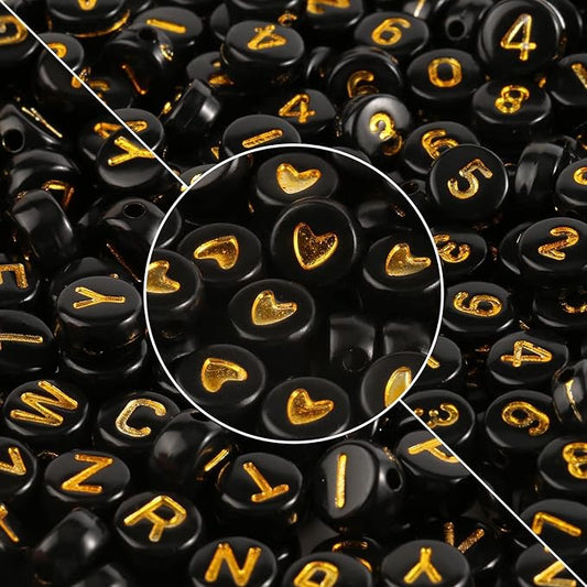 Yochus 1000pcs Black Mixed Round Acrylic Beads 4x7mm Gold Alphabet Number Heart Shape Bead for Jewelry Making and DIY Bracelets