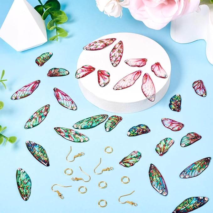FASHEWELRY 28Pcs Resin Butterfly Wing Earring Charms Hot Pink Flower Print Insect Wing Pendants Feather Charms with Jump Rings Earrings Hooks for DIY Earring Jewelry Making