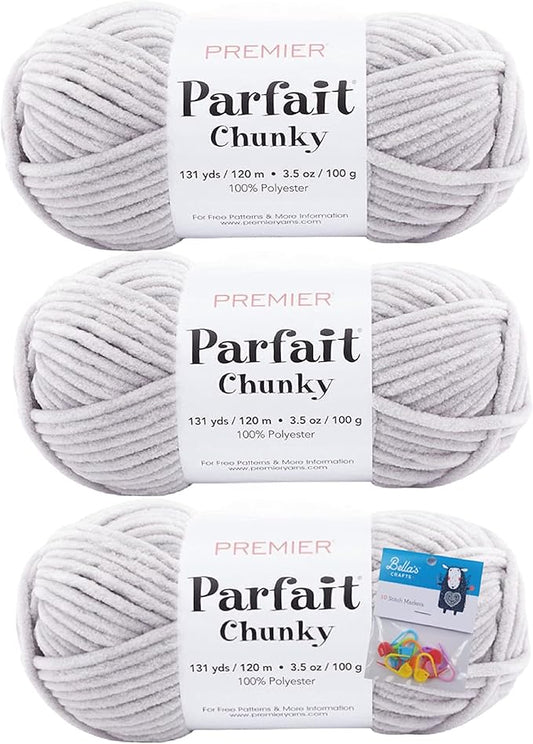 Premier Yarns Parfait Chunky Chenille Yarn 3.5 Oz 6 Super Bulky Weight 3 Pack Bundle with Bella's Stitch Place Holders (Fog)