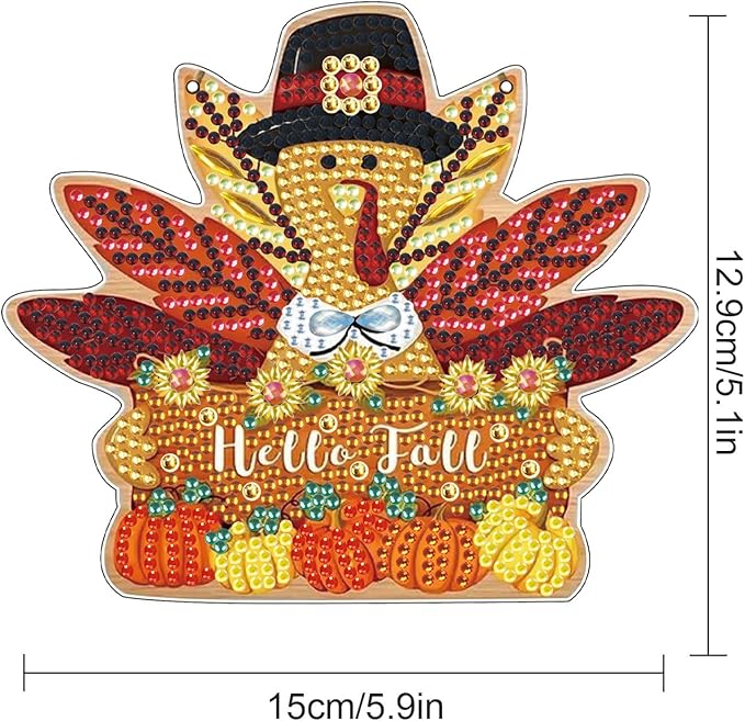 DIY Diamond Painting Hello Fall Hanging Sign – Maple Leaf Door Hanger with Pumpkins, Fall Leaves, Autumn Thanksgiving Wall Window Decor Craft Kit for Porch Farmhouse
