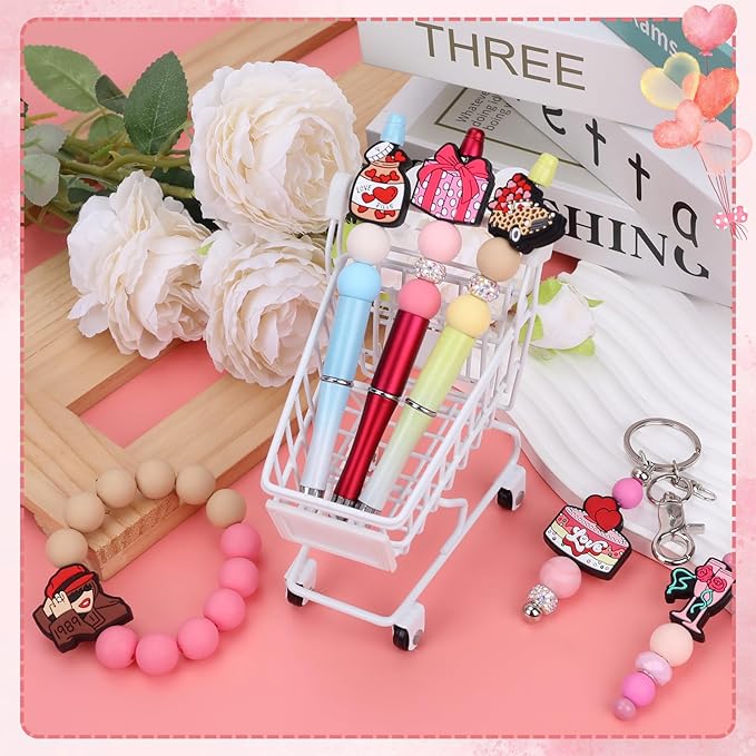 12PCS Valentine Silicone Beads for Pens, 12Pcs Silicone Focal Beads for Keychain Making DIY Handicraft（Valentine）
