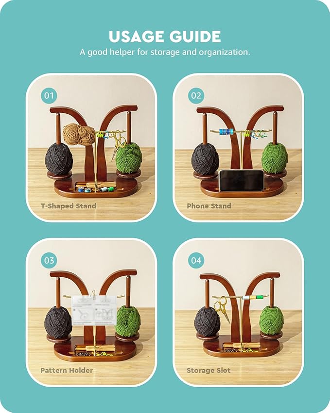 Baffect Yarn Holder Magnetic, Wooden Yarn Ball Holder with T-Shaped Holder & Phone Stand, Yarn Spindle with Double Spindles, Spinning Yarn Holder for Crochet Lovers