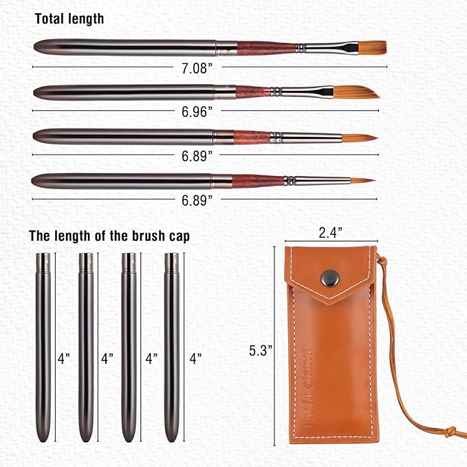 Falling in Art Travel Watercolor Brushes, 4 Pcs Travel Paintbrush Set with Leather Pouch for Acrylic, Gouache, Oil and Watercolor Painting