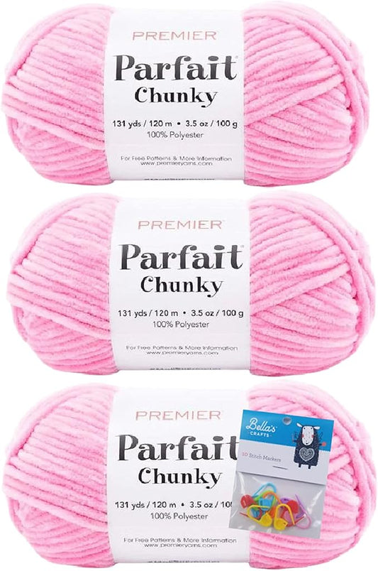 Premier Yarns Parfait Chunky Chenille Yarn 3.5 Oz 6 Super Bulky Weight 3 Pack Bundle with Bella's Stitch Place Holders (Bubblegum)