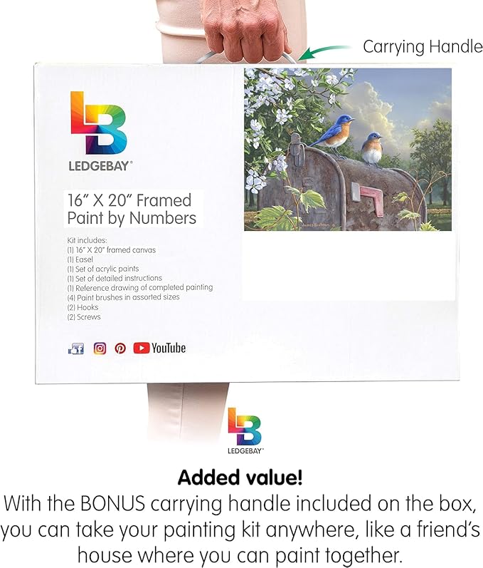 Ledgebay DIY Paint by Numbers Kit for Adults Framed Canvas Beginner to Advanced Paint by Numbers Kit Kits Include Acrylic Paint Set Brushes Tabletop Easel (Rural Route Bluebirds16 x 20" Framed)