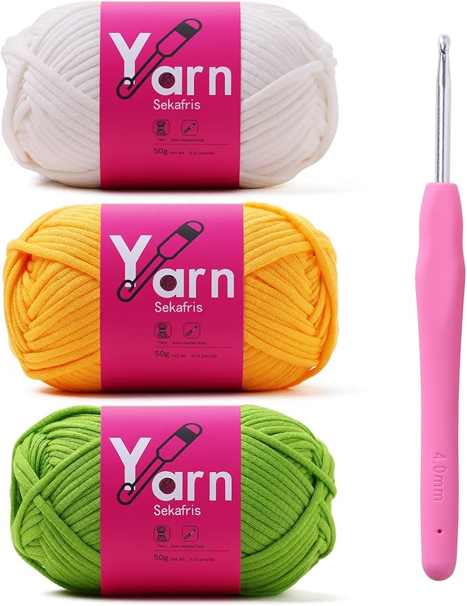 Crochet Yarn with Cotton Yarn for Crocheting - Crochet Knitting Yarn for Beginners with Easy-to-See Stitches - Yarns for Crocheting - Chunky Yarns (Golden Yellow+White+Emerald Green)