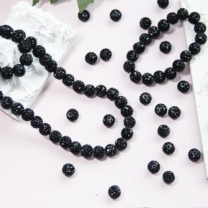 100 Pcs 10mm Rhinestone Beads for Jewelry Making, Black Shiny Round Shamballa Disco Baseball Necklace Beads Sparkle Crystal Clay Pave Rhinestones Bead for DIY Bracelet Earring Craft Making Supplies