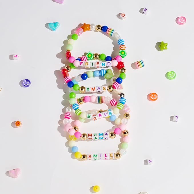 MYCUTEY 594Pcs DIY Bracelet Making Kit with Colorful Letter Flower Heart Beads - Friendship Bracelet Kit for Women Kids Pony Beads for Jewelry Making Christmas Bead Bracelets Making Craft Gift