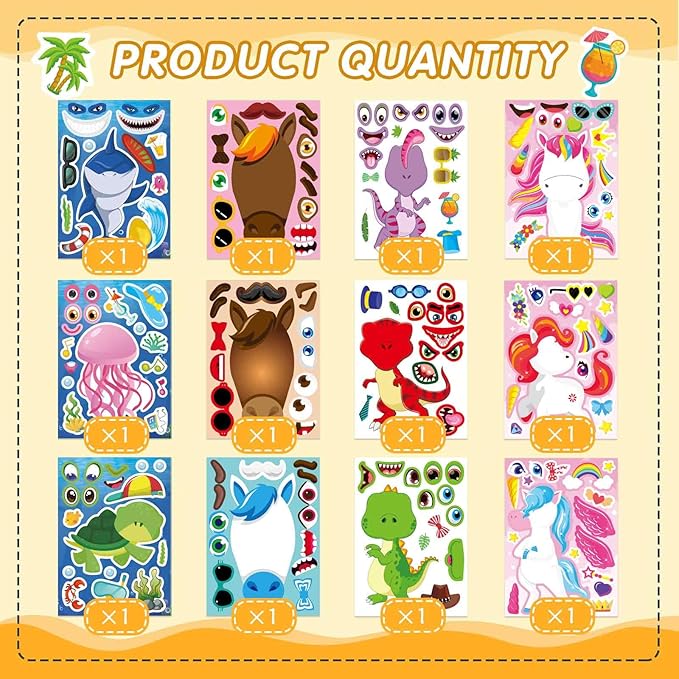 24 sheets make a face stickers for kids toddlers, make your own animal mix and match sticker sheets with sea animals horses dinosaurs unicorns for kids crafts party favors goodie bags stuffers