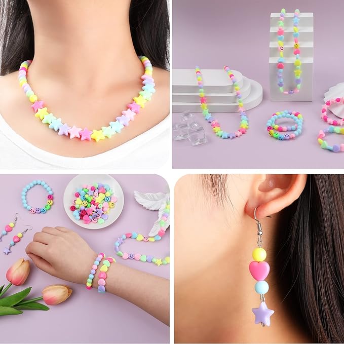 Miss Rabbit Candy Color Acrylic Heart Beads Star Beads Plastic Bead Kit Cute Pastel Bead for Bracelets Jewelry Making DIY Crafts Necklace Phone Charm