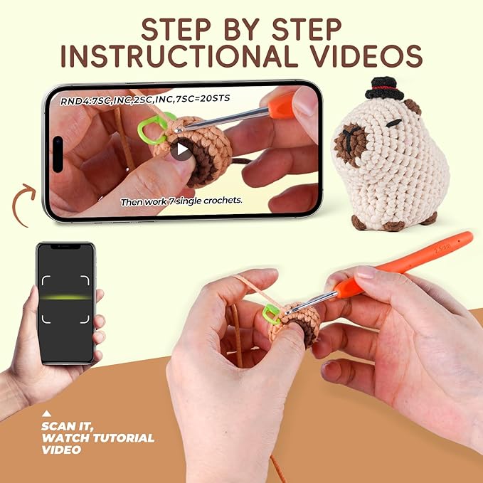 LUDOTEK Crochet Kit for Beginners, Crochet Animal Kits,Crocheting Kit for Starters with Step-by-Step Video Tutorials, Beginner Crochet Kits for Adults(Sitting Capybara)