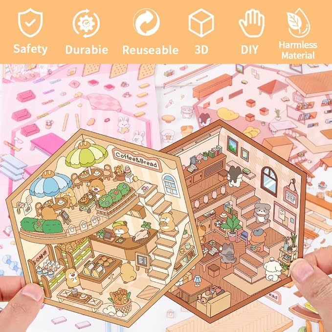Scrapbooking Supplies Kit,DIY 3D Stickers Scene,3 Set Funny DIY Sticker Scenes,Make Your Own Cute 3D Miniature Room Scene Stickers for Adults Relief Stress Pass The Time.18-19-20
