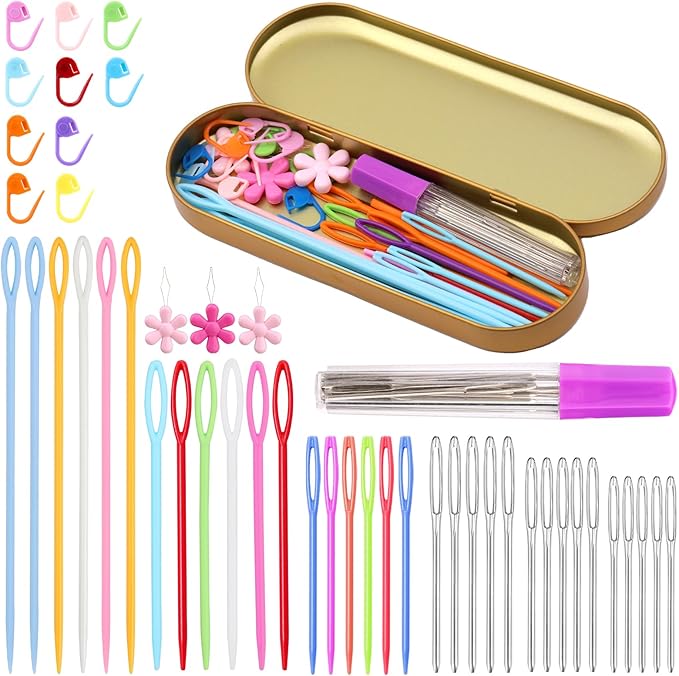 48Pcs Plastic Large Eye Sewing Needles Set,15PCS Large-Eye Blunt Needles,Yarn Needle,10 Knitting Stitch Markers with Box, Needle Threader for Knitting Crochet