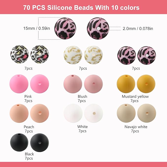 70Pcs Print Silicone Beads for Keychain Making,Round 15mm Silicone Beads for Pens, Necklace and Bracelets Making（Vibrant Leopard）
