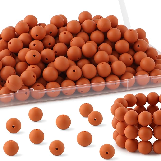 150Pcs 15mm Silicone Beads for Keychain Making Bracelet Necklace, Bulk Round Silicone Beads for Pens(Rust Brown)