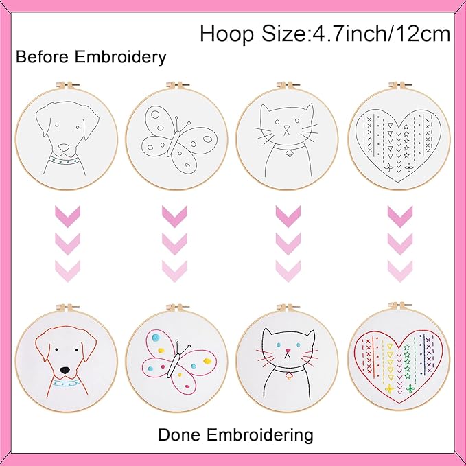 Louise Maelys 12 Pre-Stamped Embroidery Kits for Beginners, Kids Girls Cross Stitch Kit,DIY Needlepoint Craft Sewing Practice Supplies,Funny Cute Pattern,Perfect for Ages 8-12
