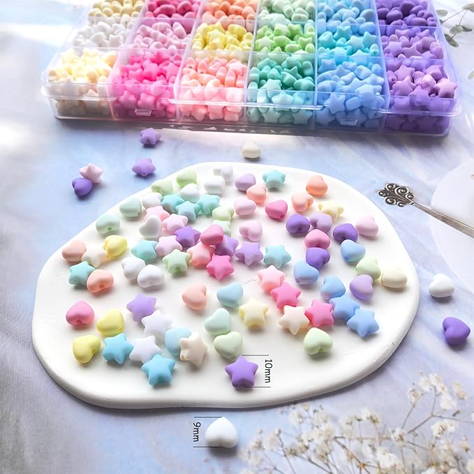 1000Pcs Matte Acrylic Star Beads Hart Beads for Jewelry Making, Macaron Colors Frosted Pastel Bead Colorful Assorted Cute Aesthetic Kawaii Bead for Bracelet DIY Craft Earring Phone Charm