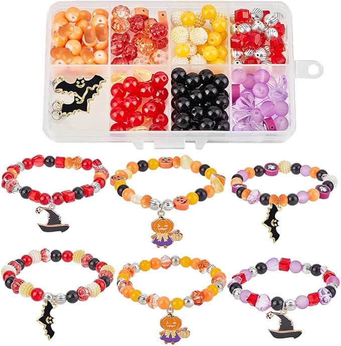 SUNNYCLUE 1 Box 6 Set Halloween Bracelet Making Kit Ghost Cat Charm Pumpkin Charms Colorful Clay Glass Beads for Jewelry Making Kits Beginners Starter Adult Women Halloween Bead Kits Adult
