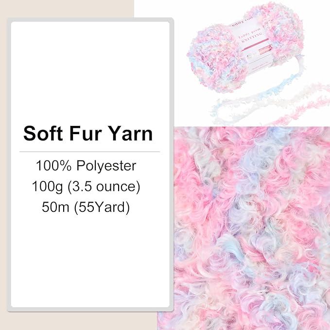 MECCANIXITY Eyelash Yarn Fur Soft Fluffy Chunky Polyester Yarn Fuzzy Colorful for Crocheting Knit DIY Clothes Bag - 55Yard/50m, 3.53oz