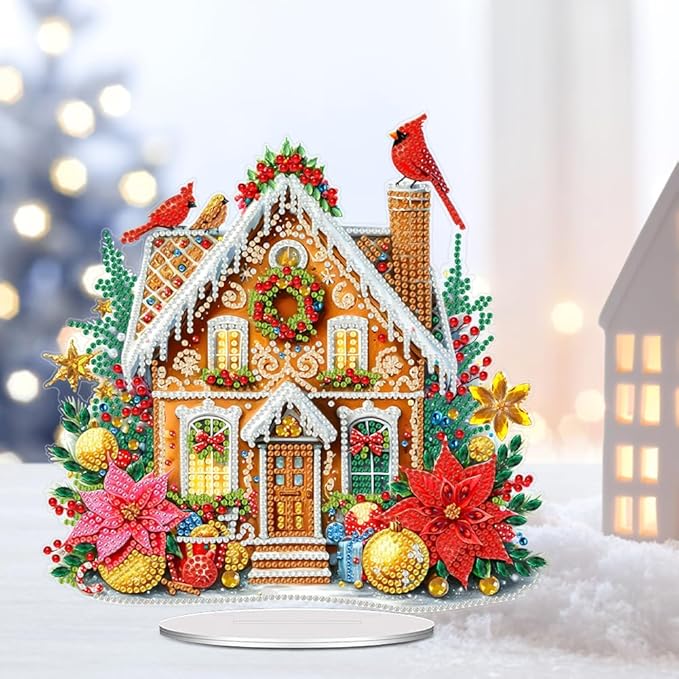 LAKEQUILL Christmas Diamond Painting Kits, Cookie House Tabletop Ornament, Stand Up Diamond Art Desktop Kits for Home Office Decor, New Year Gift
