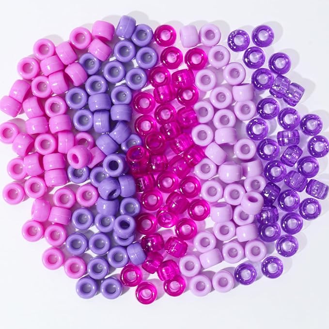 1200Pcs Friendship Bracelet Bead, 6x9mm Pony Beads for Jewelry Making, 5 Style Purple Colors Kandi Beads Bulk, Hair Bead for Braids with Stretch Cord and Scissors