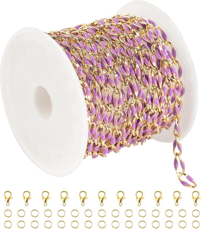 Purple Enamel Jewelry Chains for Making Jewelry, Gold Plated Brass Cable Chain Spool with Jump Rings and Lobster Clasps