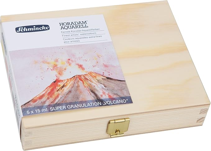 Schmincke - HORADAM® AQUARELL, Super-Granulation Set Volcano, 5 x 15 ml tubes, 74 868 097, wooden box, very strong granulating colors, finest, supergranulating watercolors
