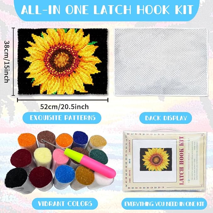 ORIGACH Sunflower Latch Hook Rug Kits, Color Stamped Grid Cloth Handmade Rug, Pattern Printed Carpet Kit, DIY Crochet Rug for Adults Home Decoration Festival Gifts 52 x 38 cm