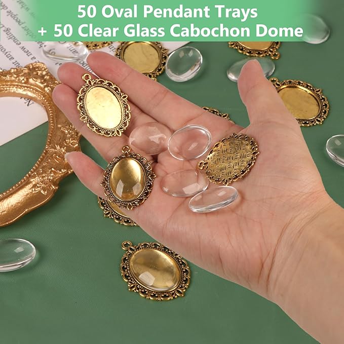 100 Pcs Bezel Pendant Blanks Settings, 50 Oval Pendant Trays Photo Charms with 50 Clear Glass Cabochon for Jewelry Making, DIY Blank Bezels Trays Kit for Crafts, 25x18mm (Antique Gold)