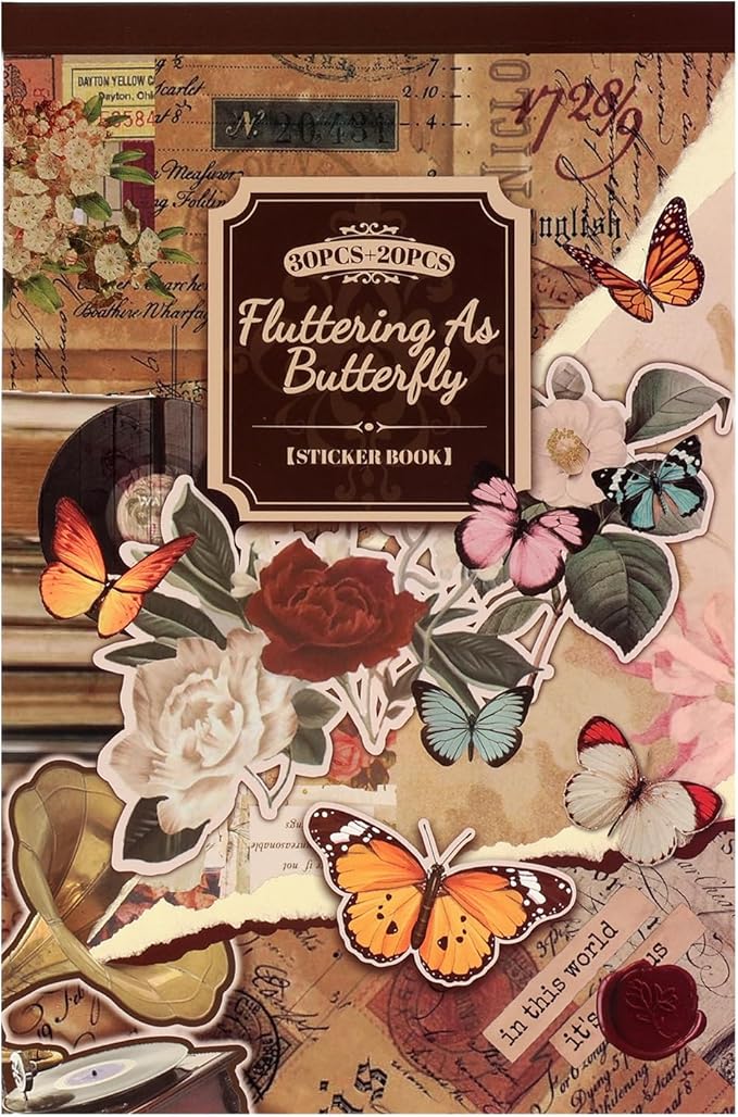 Vintage Scrapbook Stickers - 300 Butterfly Pre-Cut for Journaling, 20 Scrapbook Paper Washi for Scrapbooking and Journaling
