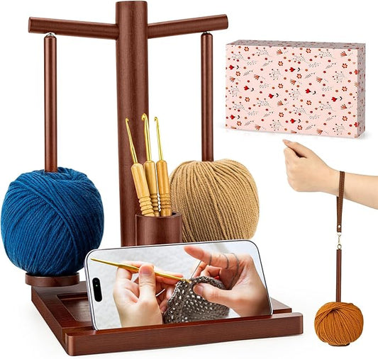 OrbitShell 2-in-1 Yarn Holder for Crocheting and Knitting, Dual Spindle Magnetic Yarn Spinner with Portable Wrist & Shoulder Strap, Wooden Yarn Minder for Home & Travel Use, Crochet Gifts for Crafters