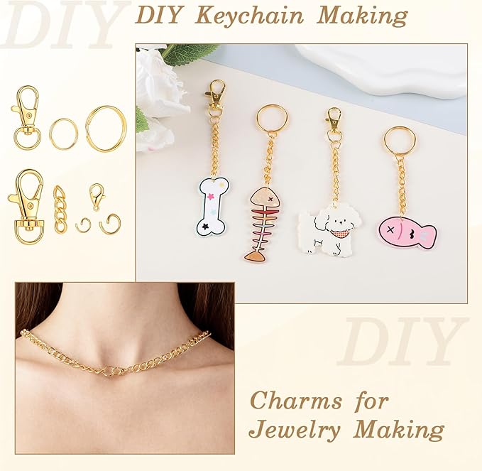 BESARME 1130PCS Keychain Making Kit Jump Rings for Jewelry DIY Key Chain Supplies with Keyrings Bulk, Metal Lobster Claw Clasp, Swivel Snap Hook, Extender Chain for Crafts Accessories（Gold）