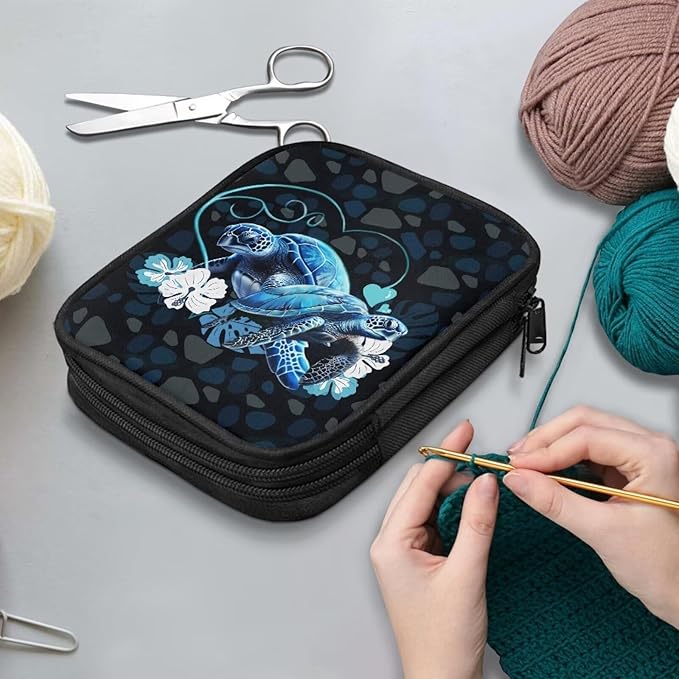 Hechitok Turtle Flower Crochet Hook Case, Zipper Storage Organizer Bag with Web Pockets for Crochet Needles/Knitting Accessories/Crochet Hook Kit Tools Easy to Hold
