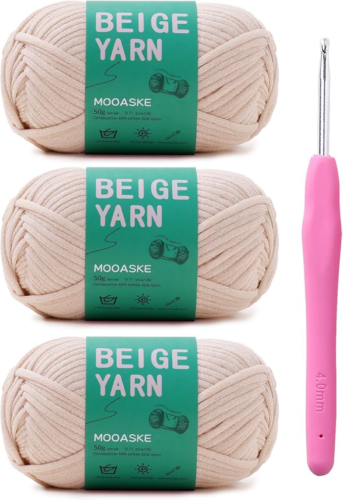 3 Pack (3 x 50g) Crochet Yarn with Crochet Hook - Worsted Medium Yarn for Crocheting - Easy-to-See Stitches Cotton-Nylon Blend Beginner Knitting Yarns for Adults and Kids