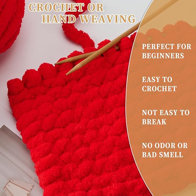 Chunky Chenille Yarn for Crocheting/Arm Knitting, Super Soft Jumbo Knit Blanket Yarn Red 6 Pack (32 yds, 8.5 oz Each Pack)