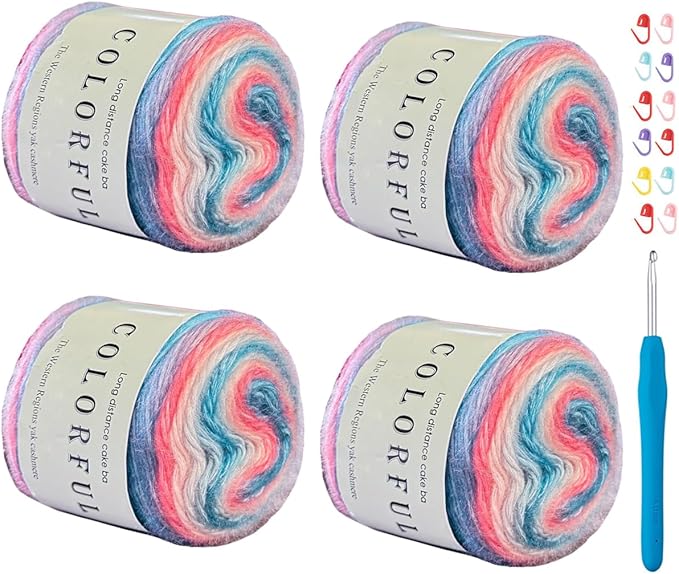Yarn for Crocheting-Gradient Cake Yarn Ombré with Vibrant Colors-4x100g 60% Cotton 30% Acrylic 10% Wool,Colorful Soft Rainbow Cotton Perfect for Shawls,Scarves,Sweater and Blanket