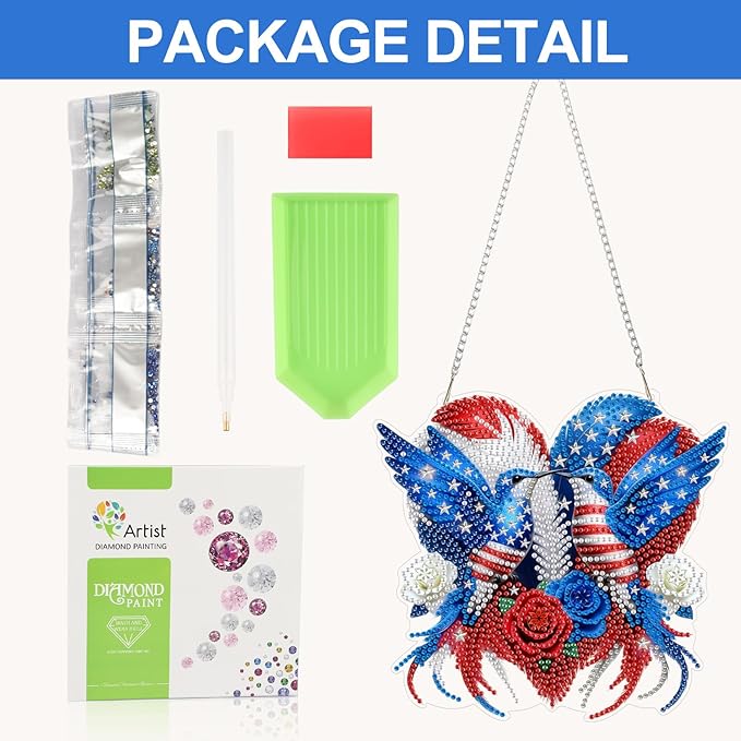 CEOVR 4th of July Hanging Diamond Art for Adults, Independence Day Hummingbird Diamond Painting Pendant DIY Gem Art Wall Hanging Ornament, Acrylic Home Garden Decor with Chain, Box Kit 7.77×7.26inch