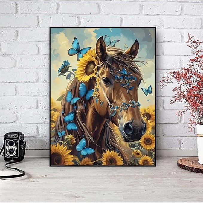 askkqtx Horse Diamond Art Kits for Adults, Butterfly Sunflowers Diamond Painting Kits for Beginnners, DIY 5D Full Drill Crystal Rhinestone Gem Art Craft Kits for Home Wall Decor 12X16 Inch