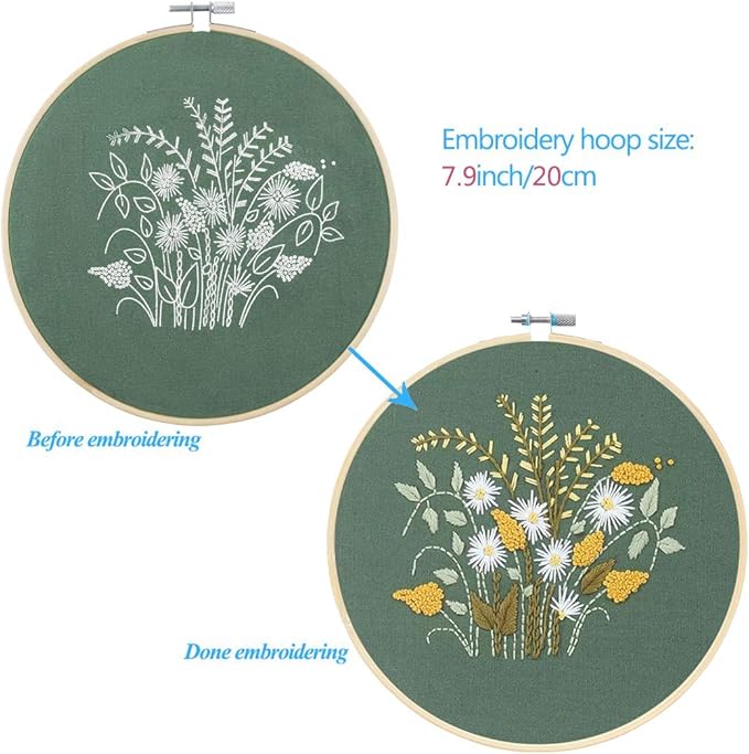 KISSBUTY Full Range of Embroidery Starter Kit with Pattern, Cross Stitch Kit Including Embroidery Fabric with Floral Pattern, Bamboo Embroidery Hoop, Color Threads and Tools Kit (Flowers Plants)