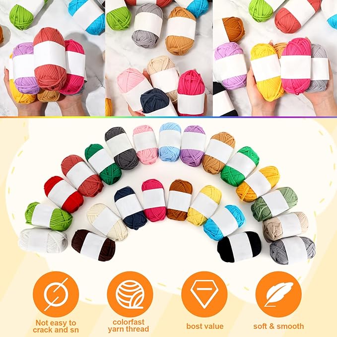 Timgle 24 Pcs Crochet Yarn for Beginners 2100 Yards Cotton for Crocheting and Knitting Soft 24x50g in Total Cotton Nylon Blend Easy Yarn for Knitting Crochet Crafts Project (24 Colors)