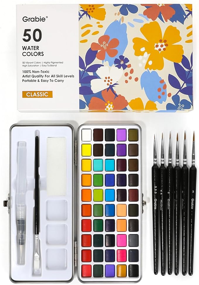 grabie 50 colors watercolor paint set, detail paint brush included, watercolor paints, painting sets, art supplies for painting, travel watercolor set, amateur hobbyists