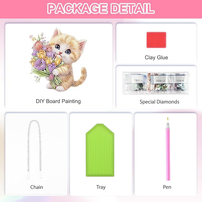 QENSPE Cute Cat Diamond Art Hanging Kits for Adults, 5D Special Shape Diamond Paingting Ornaments Kits with Chain, DIY Flowers Crystal Window Pendants for Home Garden Wall Decor Double Sided 8X8 inch
