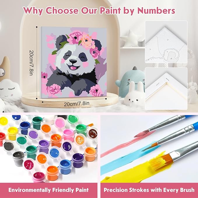 4 Pack Paint by Numbers for Kids with Wooden Framed, Watercolor Turtle, Cute panda, Owl, Cow, Paint by Number Kits on Canvas for Beginner, Acrylic Oil Painting Kits for Home Decor 8x8 inch, Animals