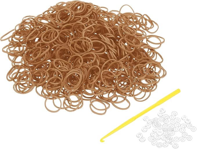 uxcell 600Pcs Loom Rubber Band, Bracelet Making Refill Kit Elastic Loom Band with 25Pcs S-Clips and 1Pcs Crochet Hooks for Weaving DIY Handcrafts, Light Coffee