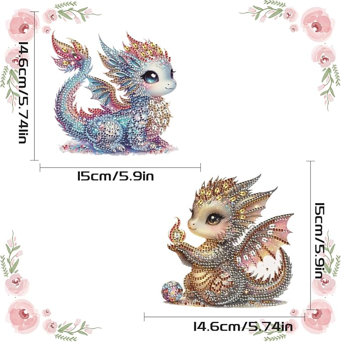 2 Pack Diamond Painting Dragon Hanging Ornaments – DIY Crystal Art Sun Catcher Kit for Window, Wall or Car Decor – Cute Fantasy Baby Dragon Decorations for Adults or Gift