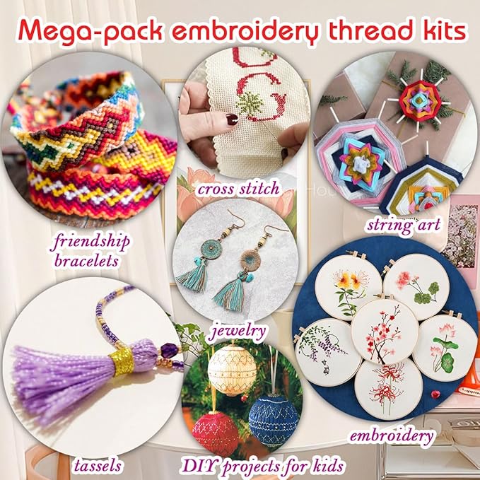 QCZKB Friendship Bracelet String 102 Skeins Fashionable Rainbow Color Embroidery Floss Cross Stitch Embroidery Thread Bracelet Yarn, Craft Floss with Beads，Tool kit